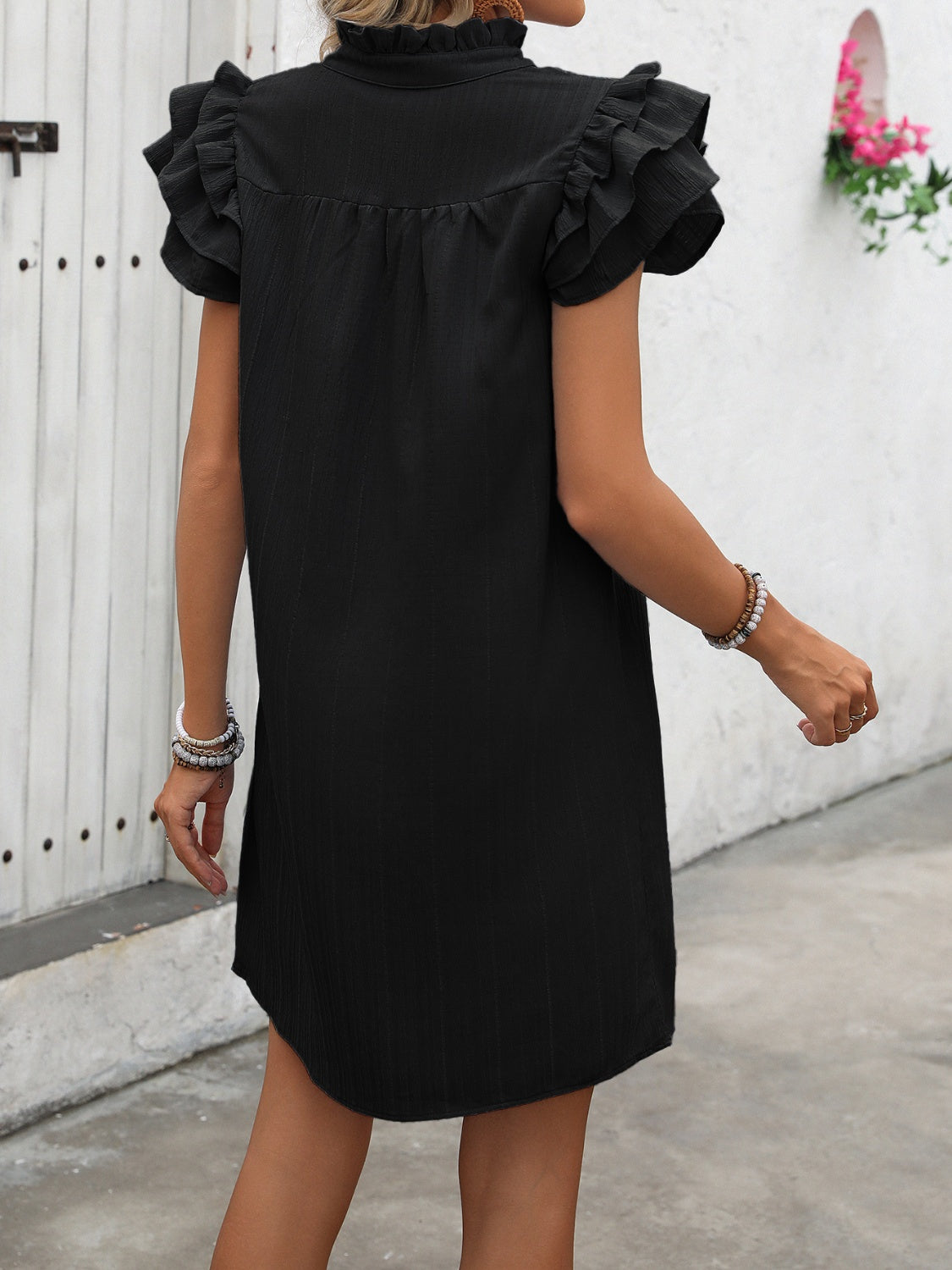 Ruffled Notched Cap Sleeve Mini Dress - FASHIONNOUVELLE