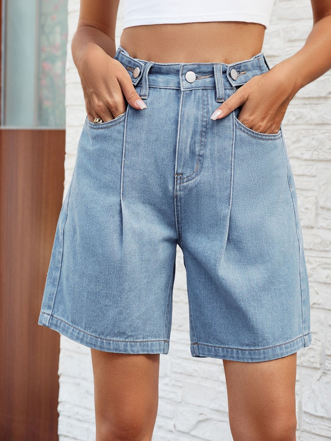 High Waist Denim Shorts with Pockets - FASHIONNOUVELLE