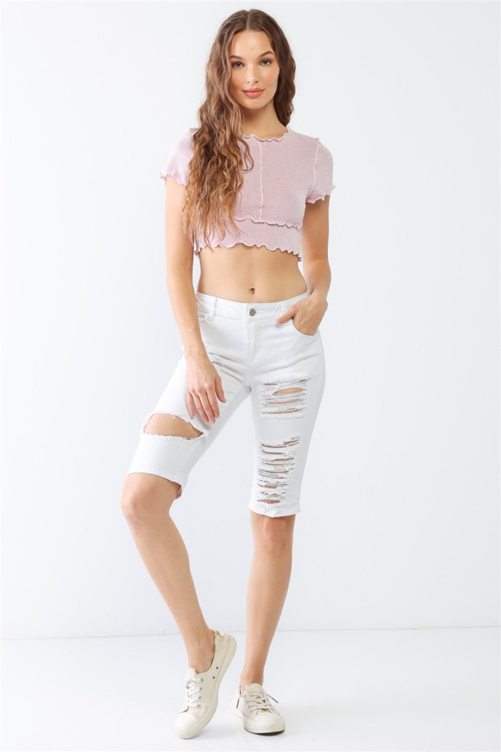 LITZ LA Distressed Bermuda Denim Shorts - FASHIONNOUVELLE