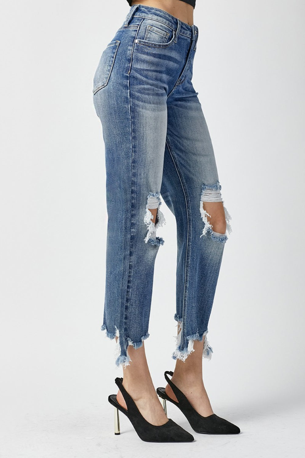 RISEN High Waist Distressed Frayed Hem Cropped Straight Jeans - FASHIONNOUVELLE