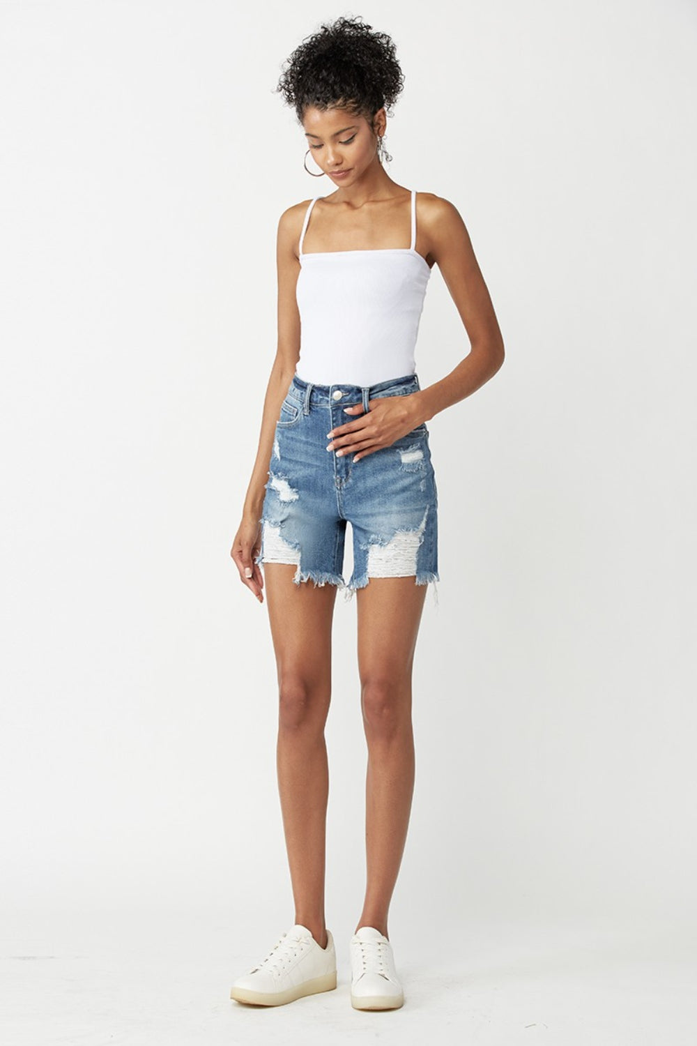 RISEN High Waisted Distressed Denim Shorts - FASHIONNOUVELLE