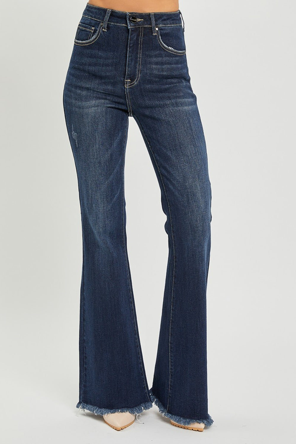 RISEN High Waist Raw Hem Flare Jeans - FASHIONNOUVELLE