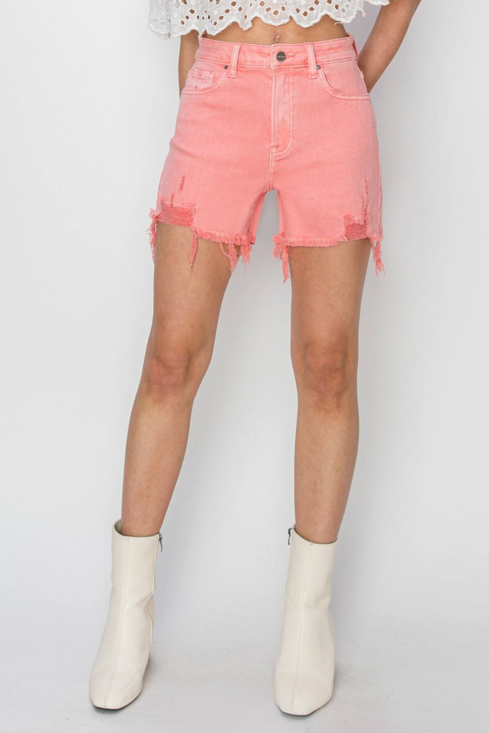 RISEN High Rise Distressed Denim Shorts - FASHIONNOUVELLE