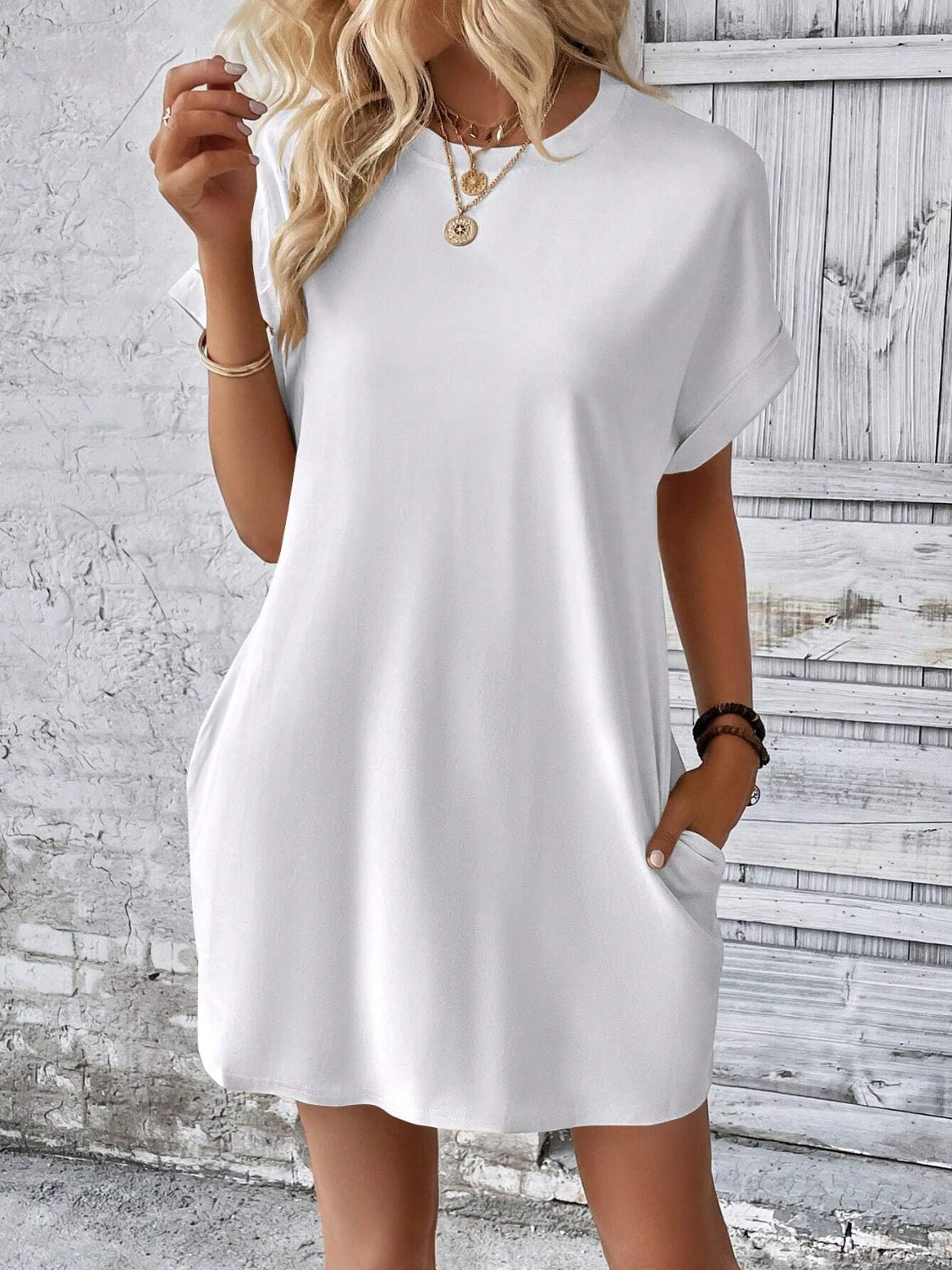 Round Neck Short Sleeve Mini Dress - FASHIONNOUVELLE