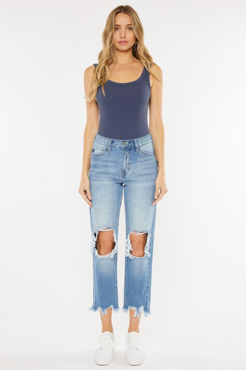 Kancan High Waist Chewed Up Straight Mom Jeans - FASHIONNOUVELLE