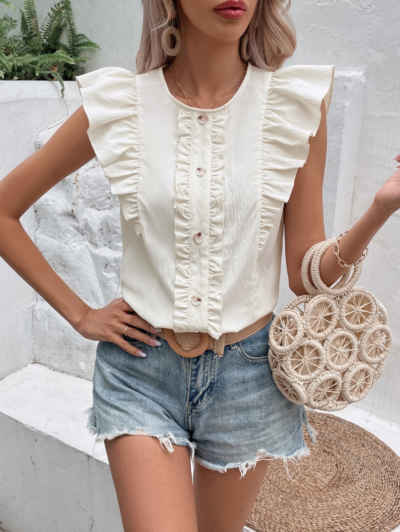 Decorative Button Frill Trim Round Neck Top