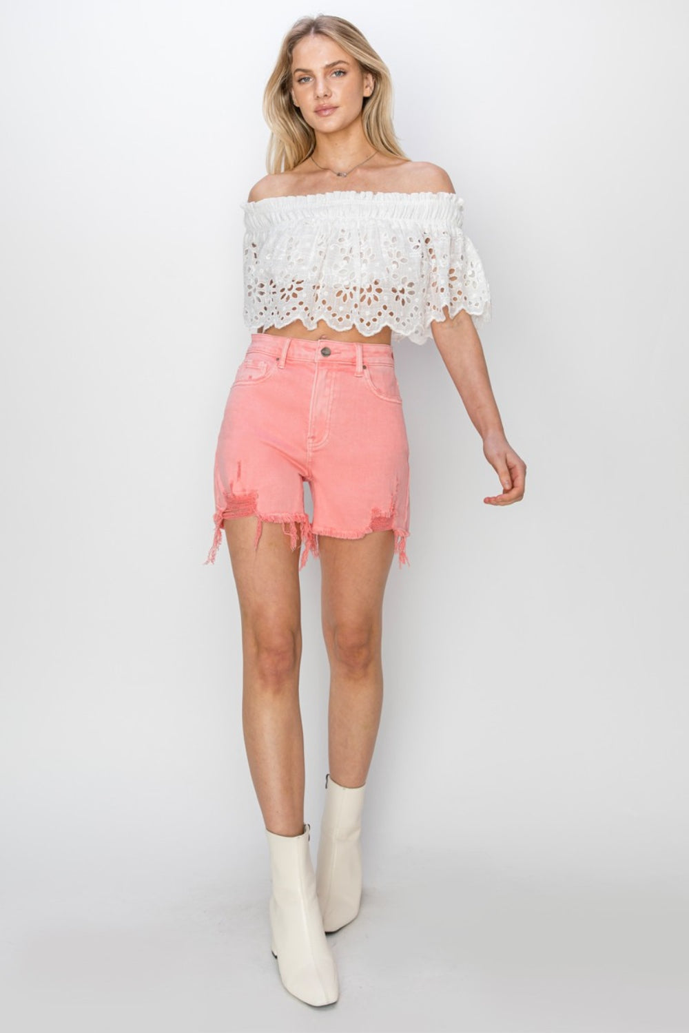 RISEN High Rise Distressed Denim Shorts - FASHIONNOUVELLE