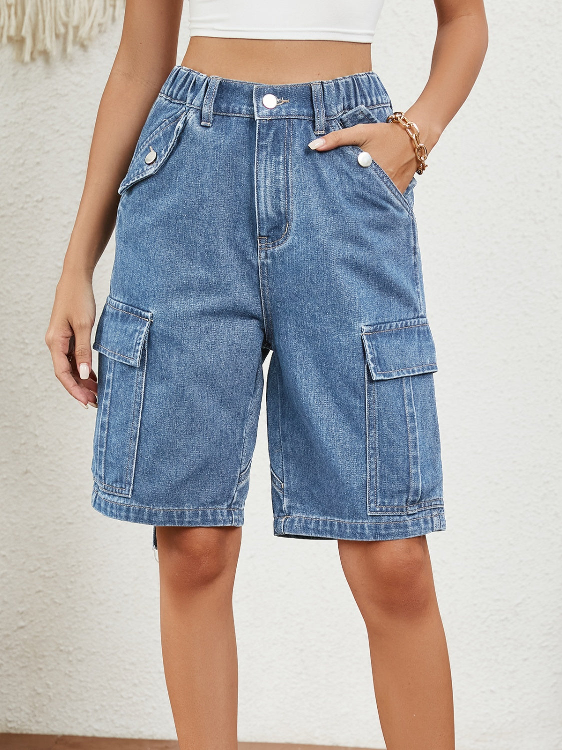 High Waist Denim Shorts with Pockets - FASHIONNOUVELLE