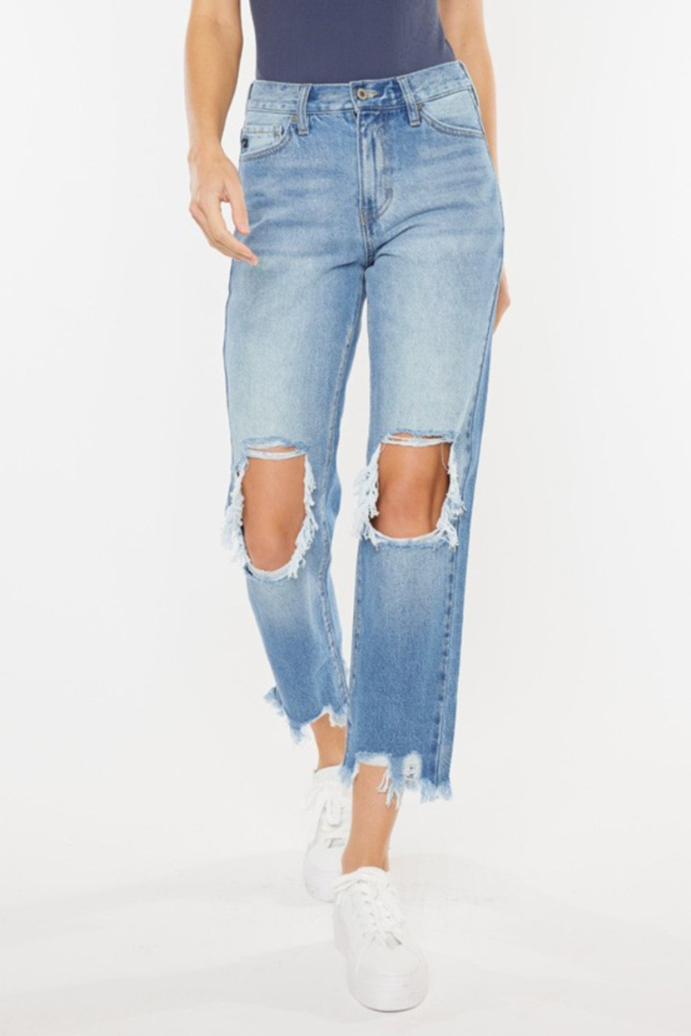 Kancan High Waist Chewed Up Straight Mom Jeans - FASHIONNOUVELLE