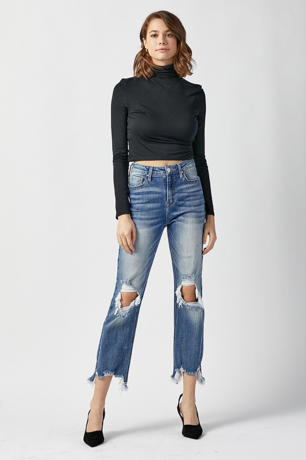 RISEN High Waist Distressed Frayed Hem Cropped Straight Jeans - FASHIONNOUVELLE