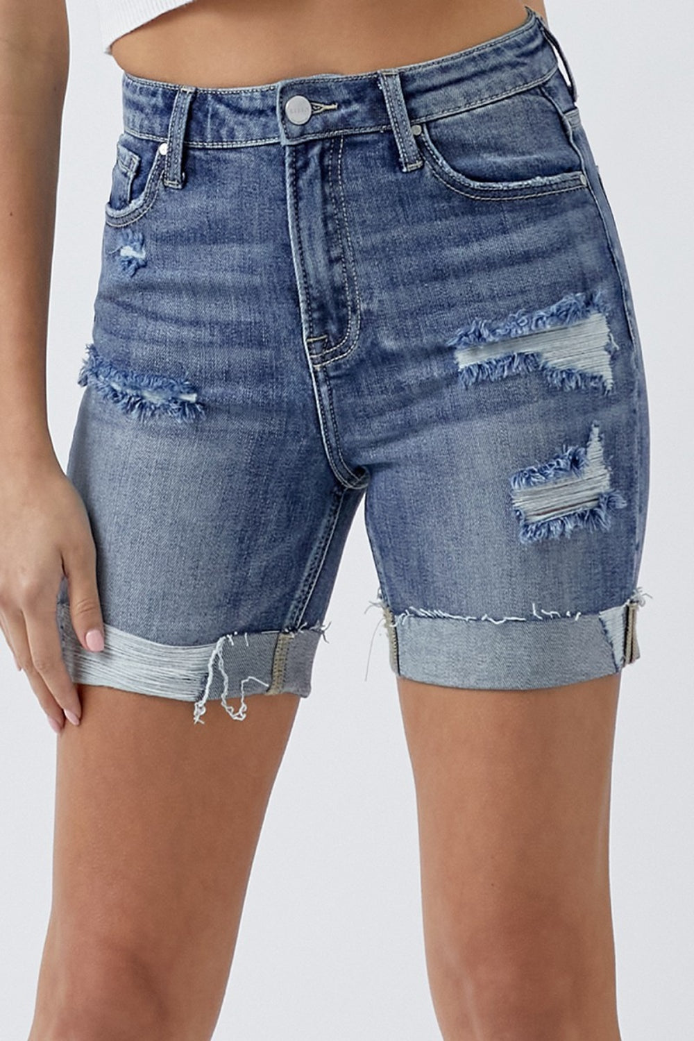 RISEN Full Size Distressed Rolled Denim Shorts with Pockets - FASHIONNOUVELLE