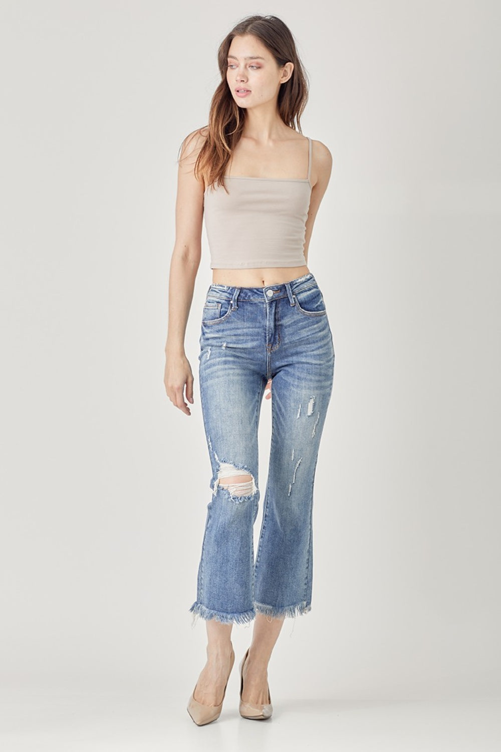 RISEN High Waist Distressed Cropped Bootcut Jeans - FASHIONNOUVELLE