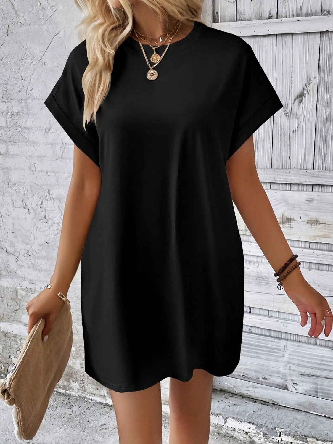 Round Neck Short Sleeve Mini Dress - FASHIONNOUVELLE