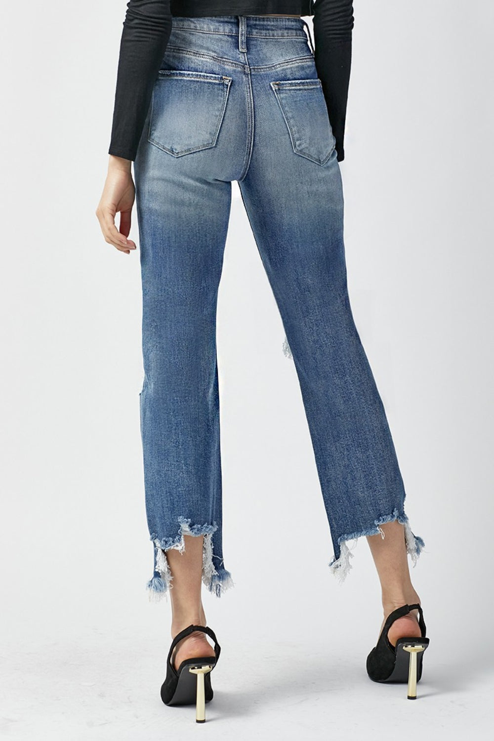 RISEN High Waist Distressed Frayed Hem Cropped Straight Jeans - FASHIONNOUVELLE