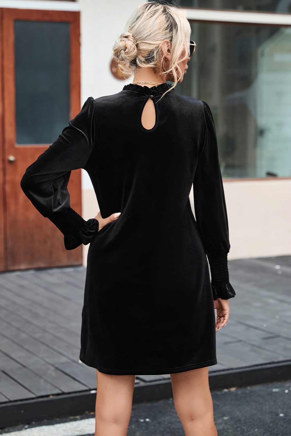 Round Neck Smocked Long Sleeve Mini Dress - FASHIONNOUVELLE