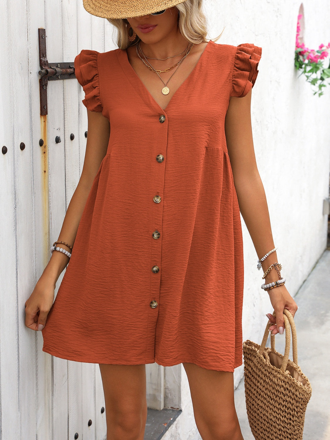 Button Up V-Neck Cap Sleeve Mini Dress - FASHIONNOUVELLE