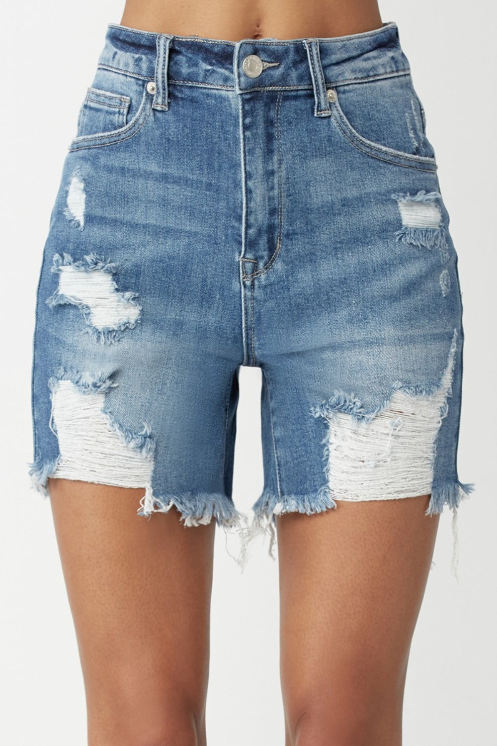 RISEN High Waisted Distressed Denim Shorts - FASHIONNOUVELLE