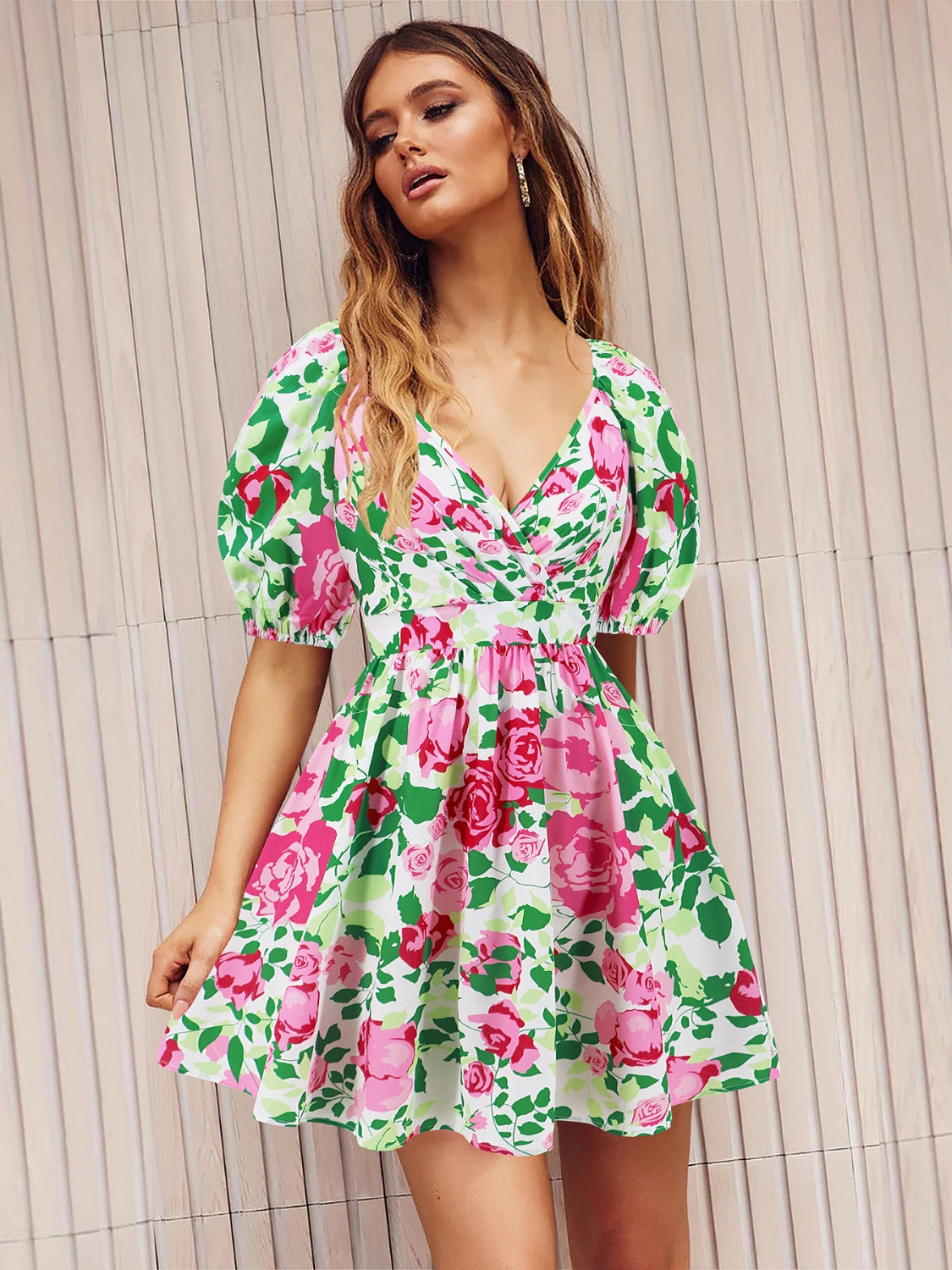 Printed Surplice Short Sleeve Dress - FASHIONNOUVELLE