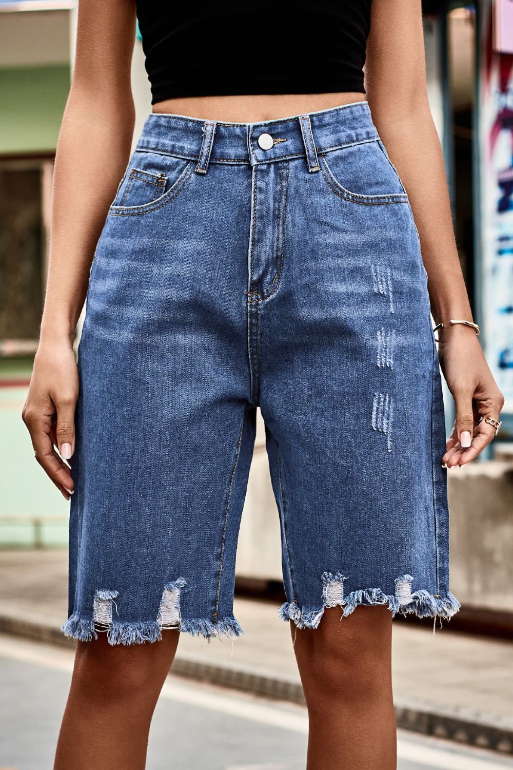 Raw Hem High Waist Denim Shorts with Pockets - FASHIONNOUVELLE