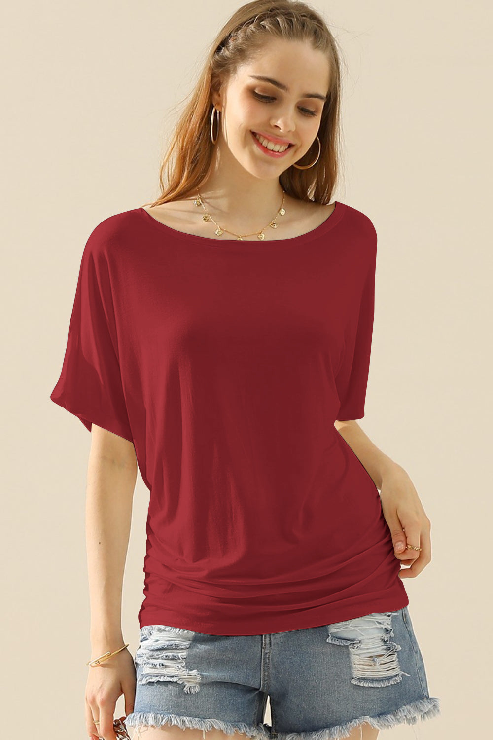 Ninexis Boat Neck Short Sleeve Ruched Side Top