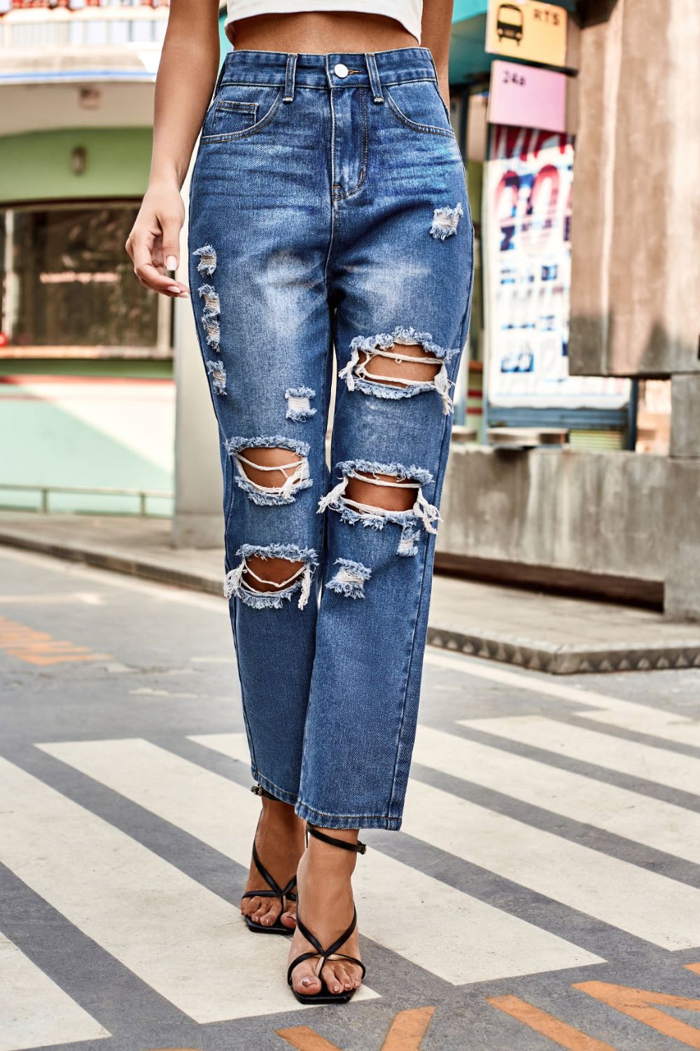 Distressed High Waist Straight Jeans - FASHIONNOUVELLE