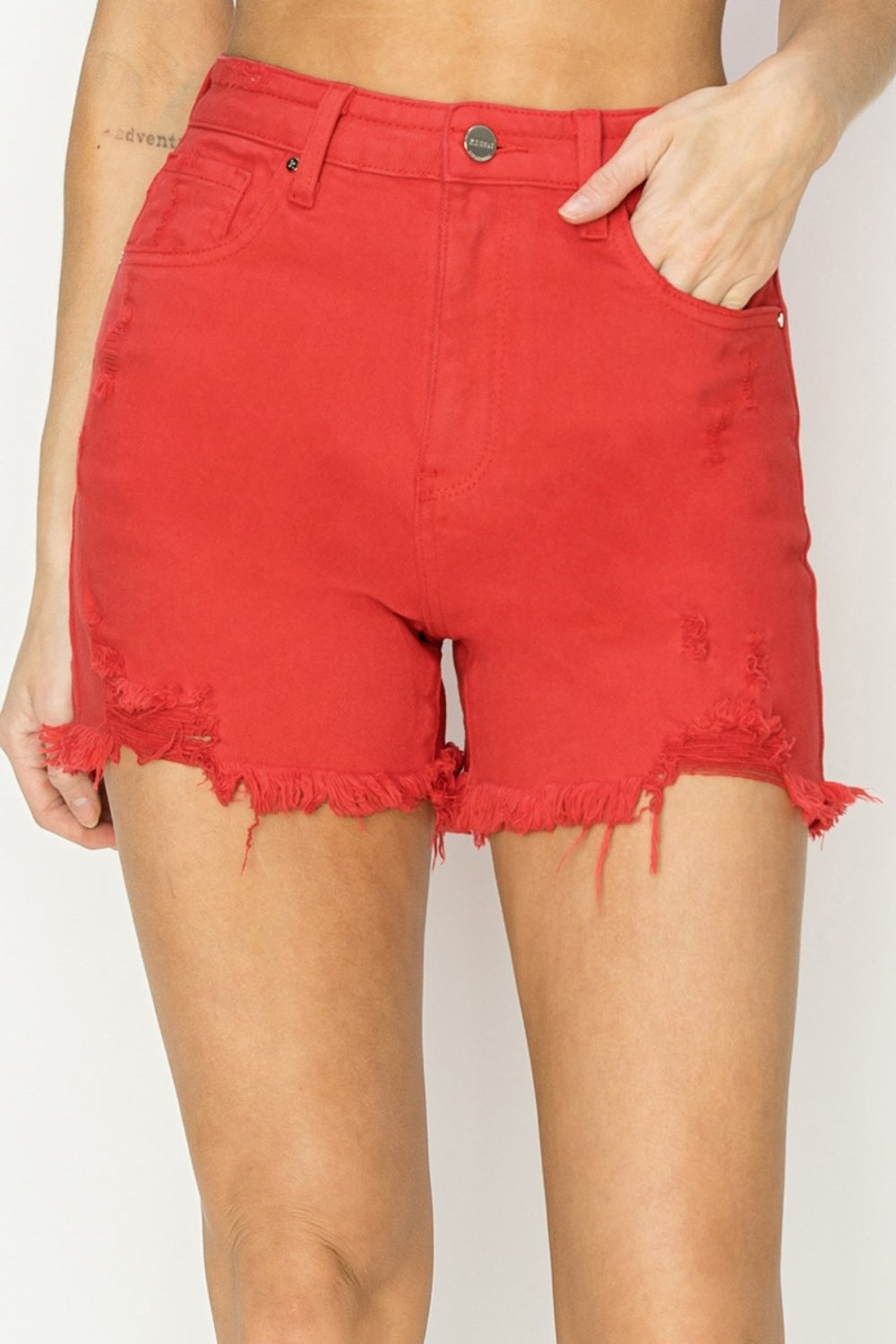 RISEN High Rise Distressed Denim Shorts - FASHIONNOUVELLE