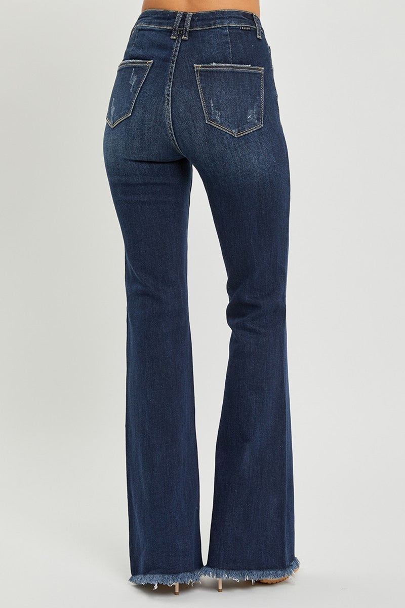 RISEN High Waist Raw Hem Flare Jeans - FASHIONNOUVELLE