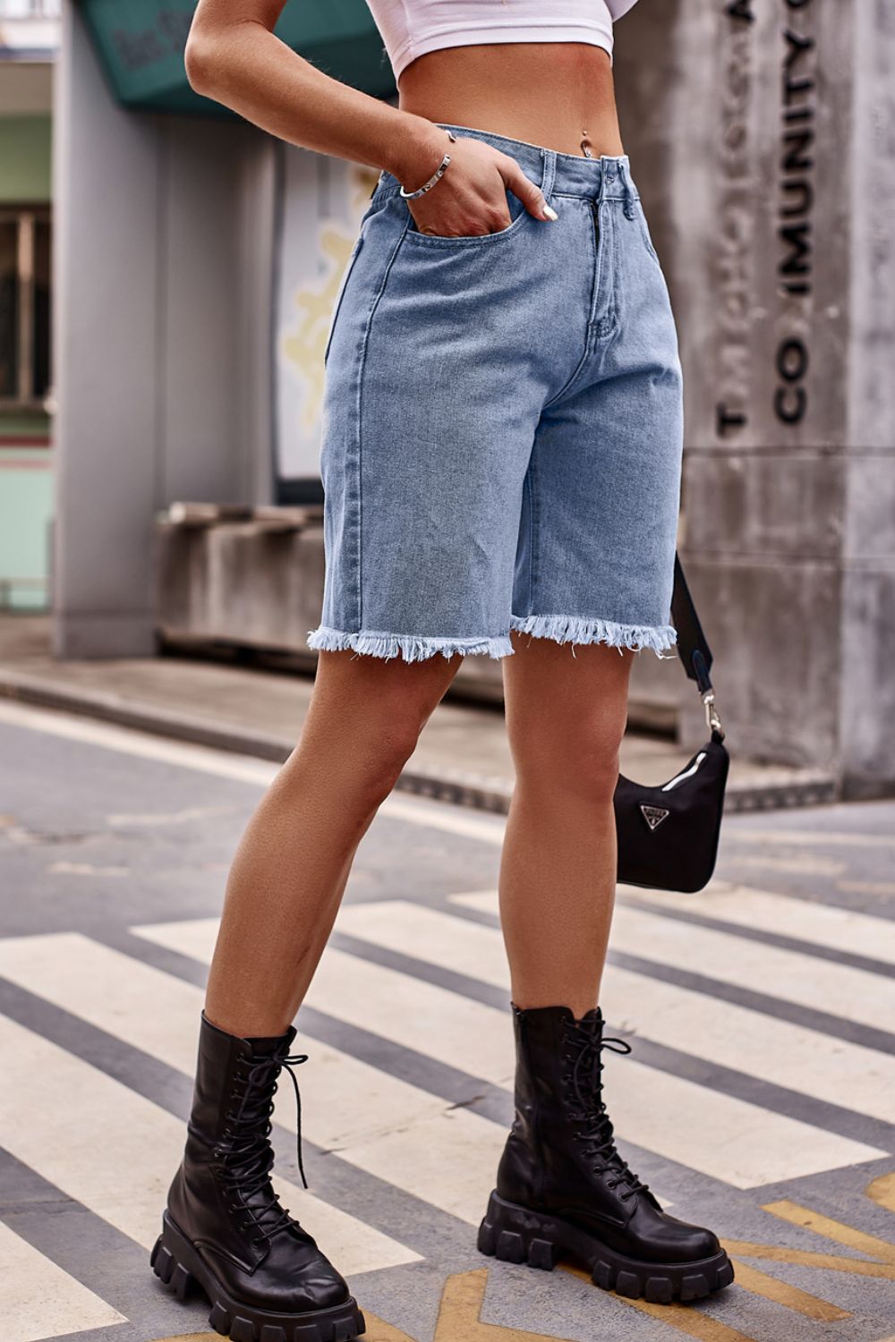 Raw Hem Denim Shorts with Pockets - FASHIONNOUVELLE