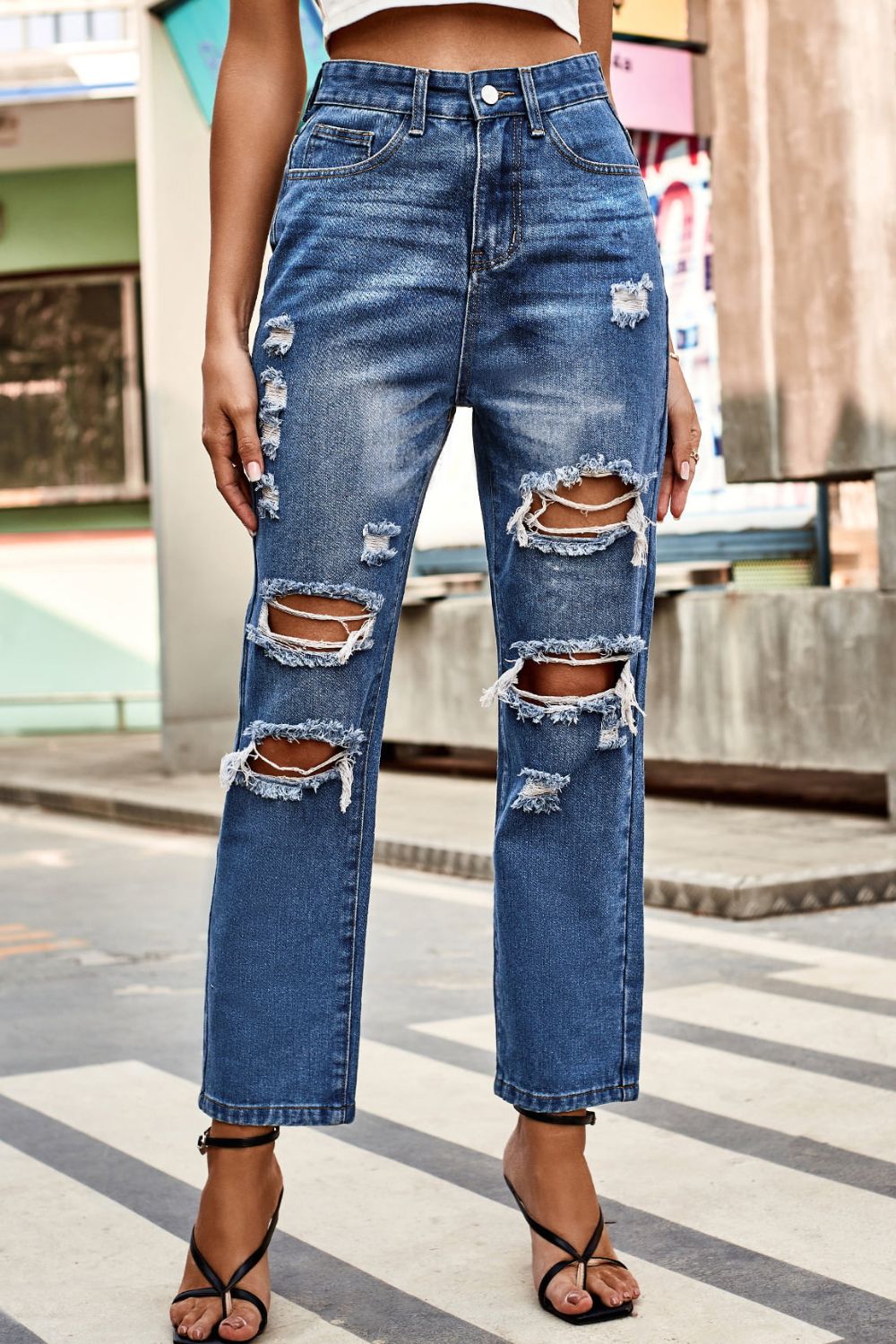 Distressed High Waist Straight Jeans - FASHIONNOUVELLE