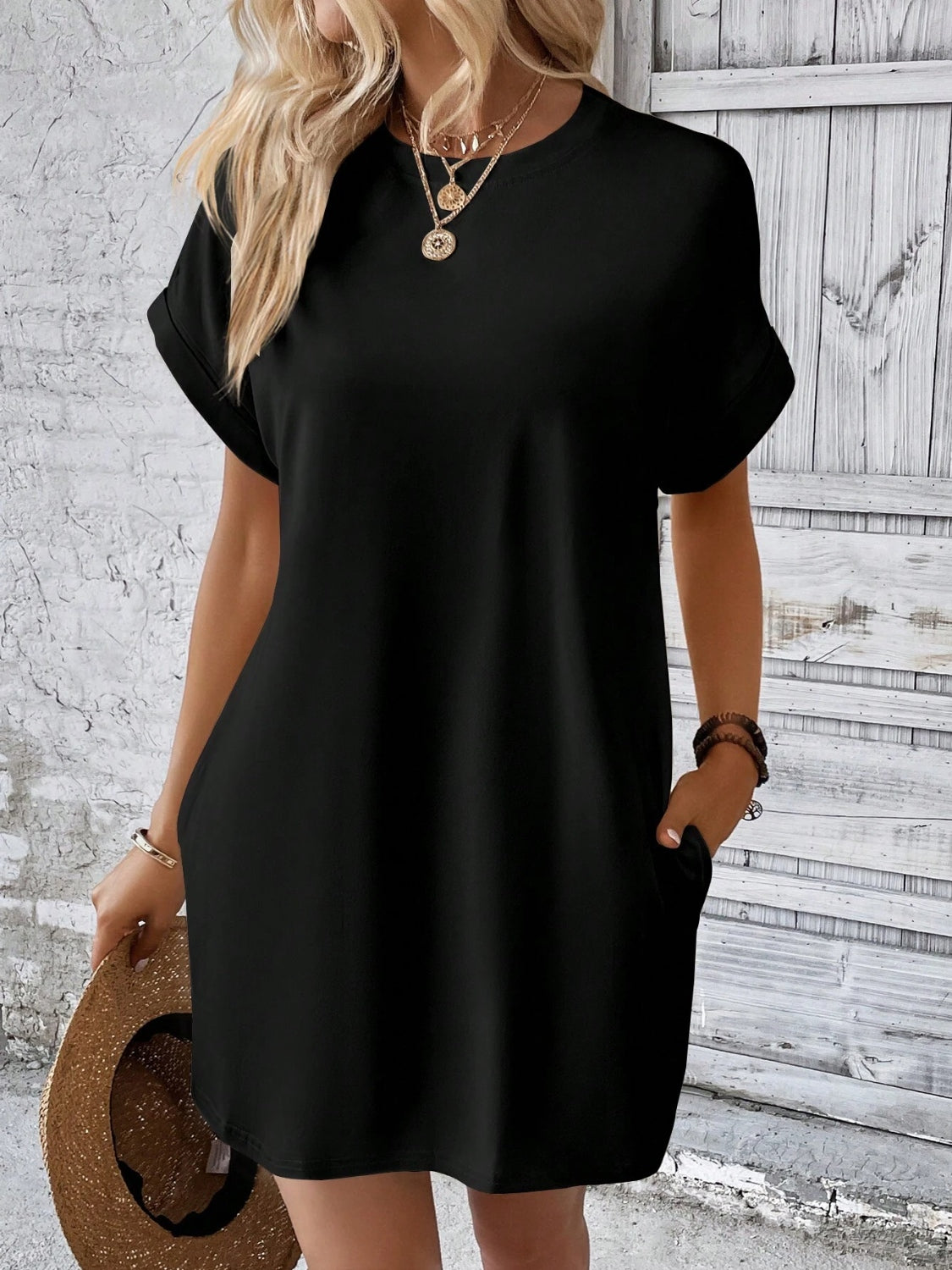 Round Neck Short Sleeve Mini Dress - FASHIONNOUVELLE