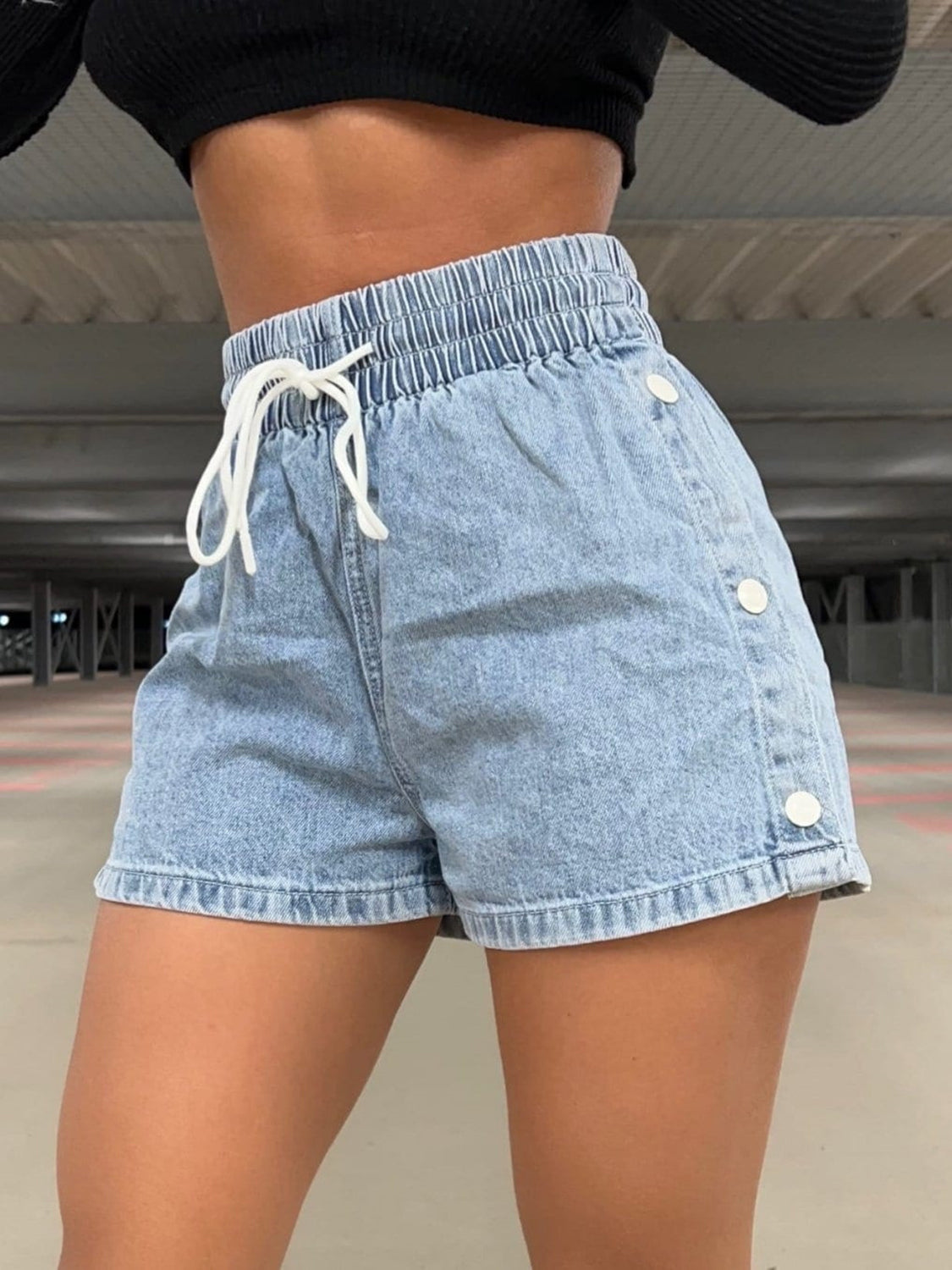 Drawstring High Waist Denim Shorts - FASHIONNOUVELLE