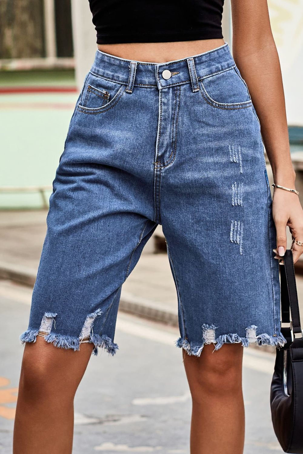 Raw Hem High Waist Denim Shorts with Pockets - FASHIONNOUVELLE