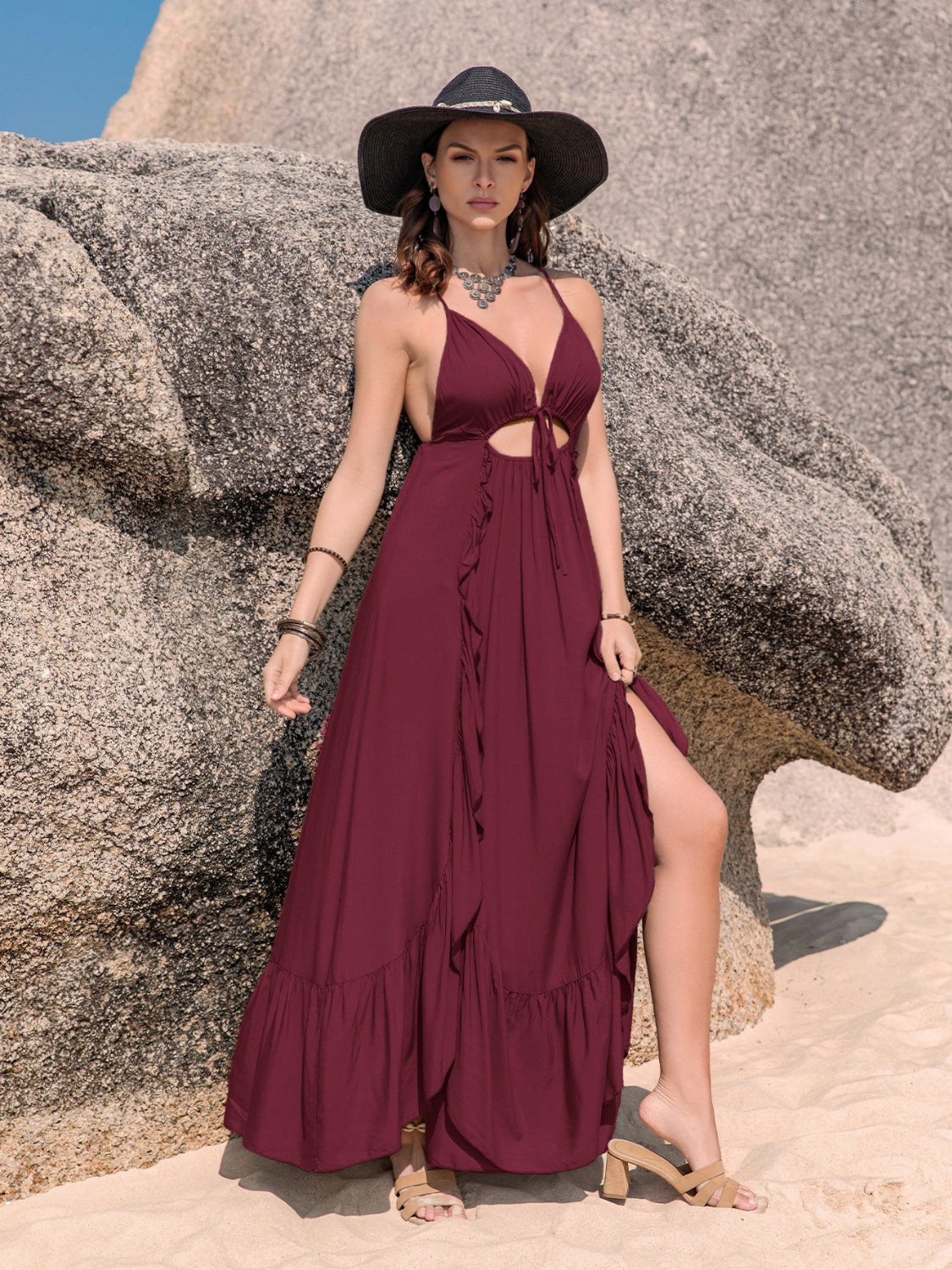 Crisscross Back Drawstring Ruffle Trim Maxi Dress