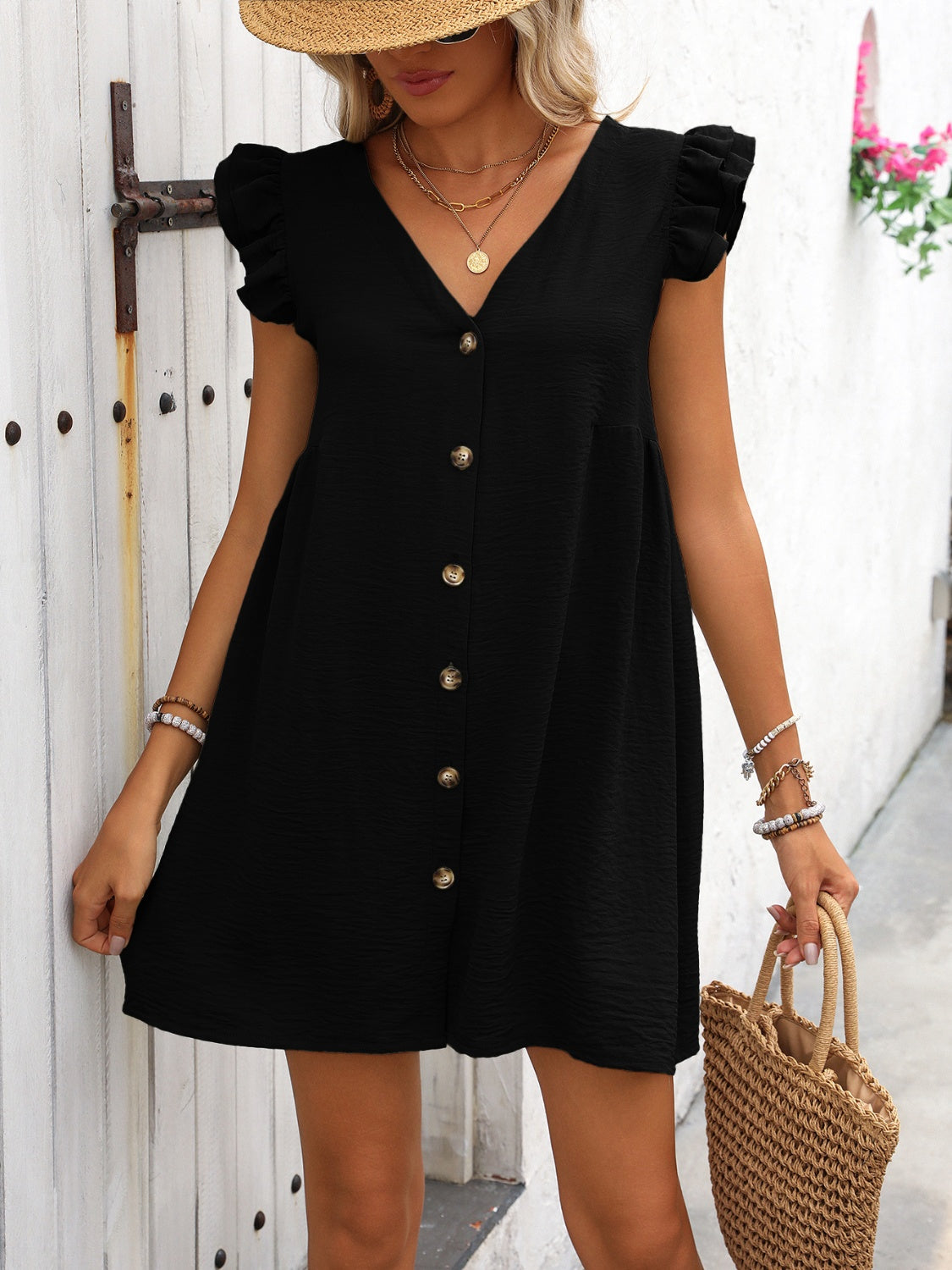 Button Up V-Neck Cap Sleeve Mini Dress - FASHIONNOUVELLE