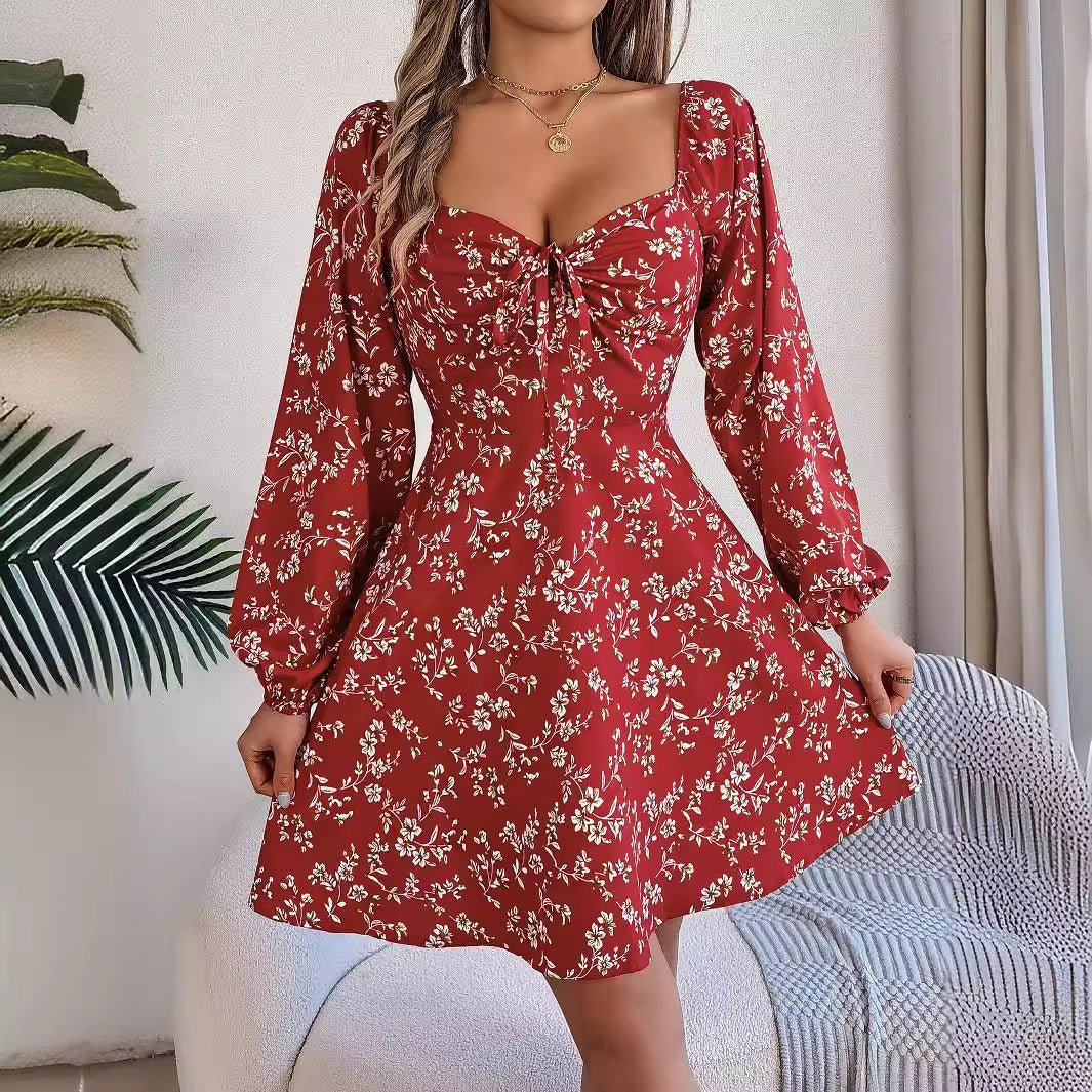 Fashion Floral Print Lantern Sleeve Dress Casual Sexy