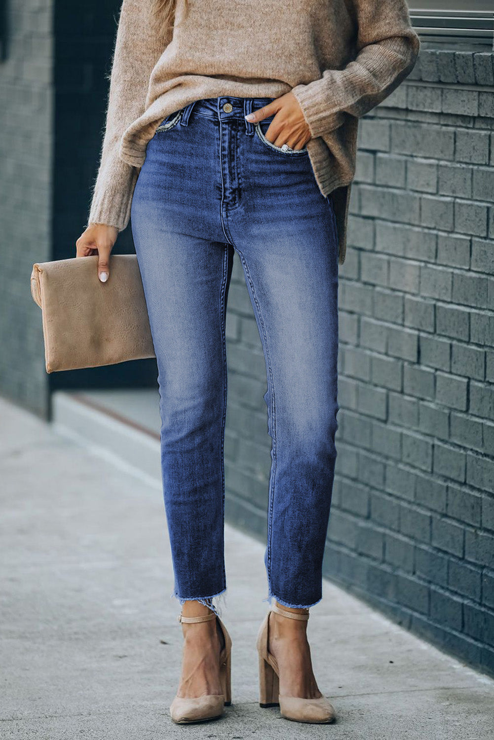 High Waist Raw Hem Skinny Jeans - FASHIONNOUVELLE