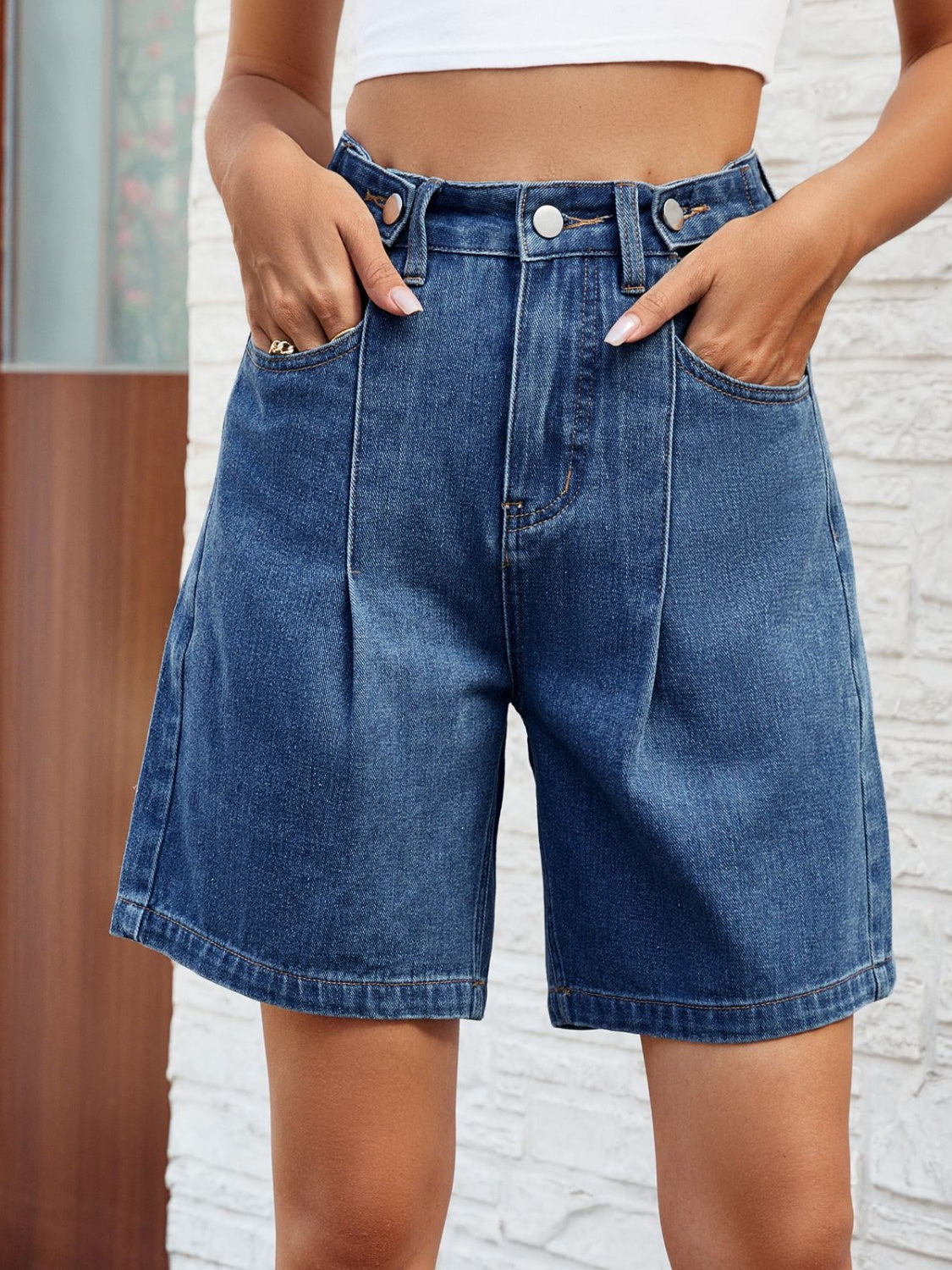 High Waist Denim Shorts with Pockets - FASHIONNOUVELLE