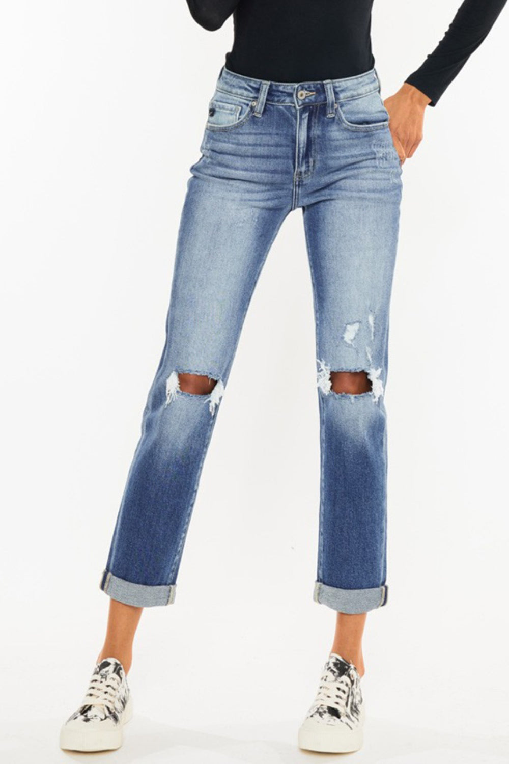 Kancan High Waist Distressed Hem Detail Cropped Straight Jeans - FASHIONNOUVELLE