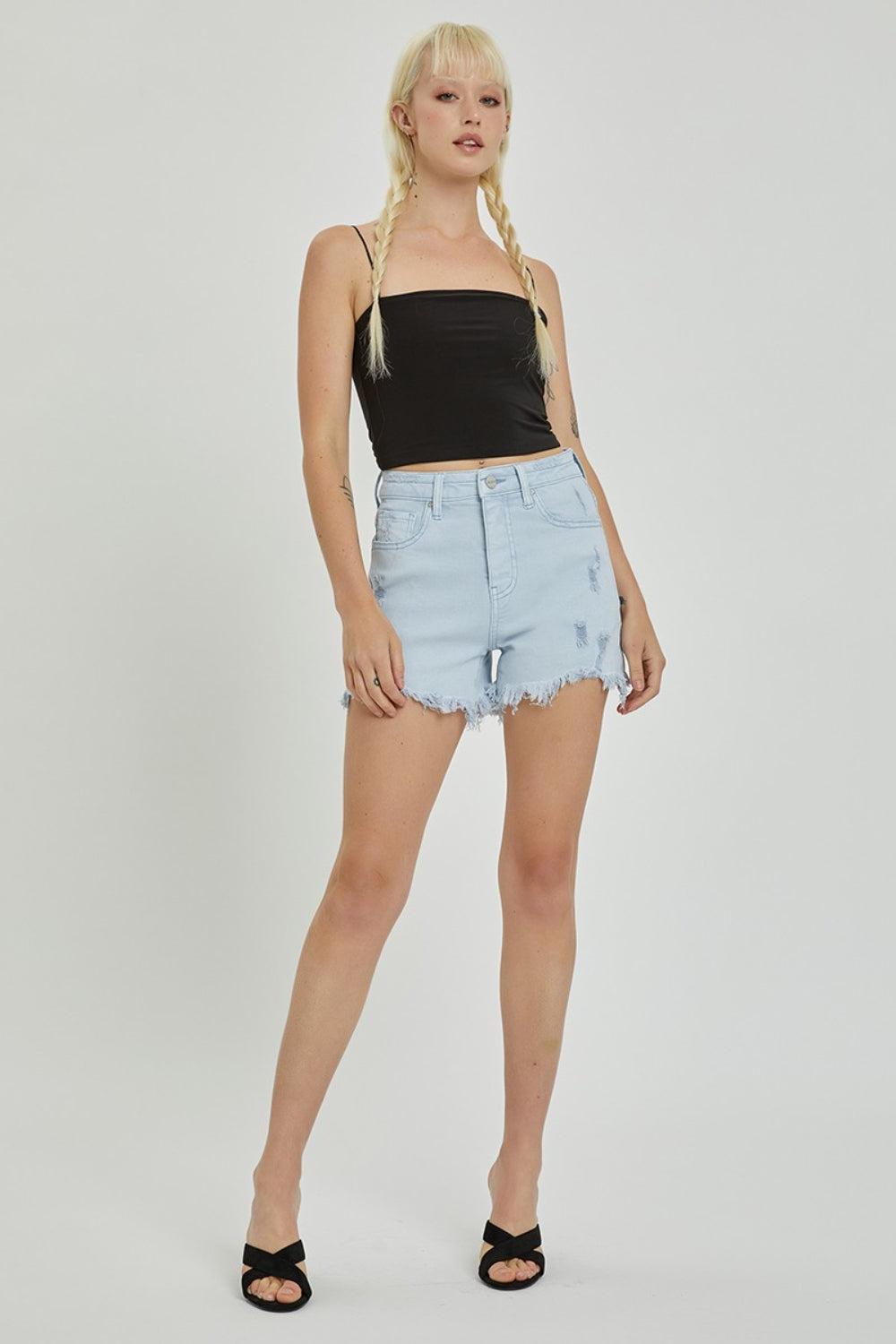 RISEN Full Size High Rise Distressed Detail Denim Shorts - FASHIONNOUVELLE