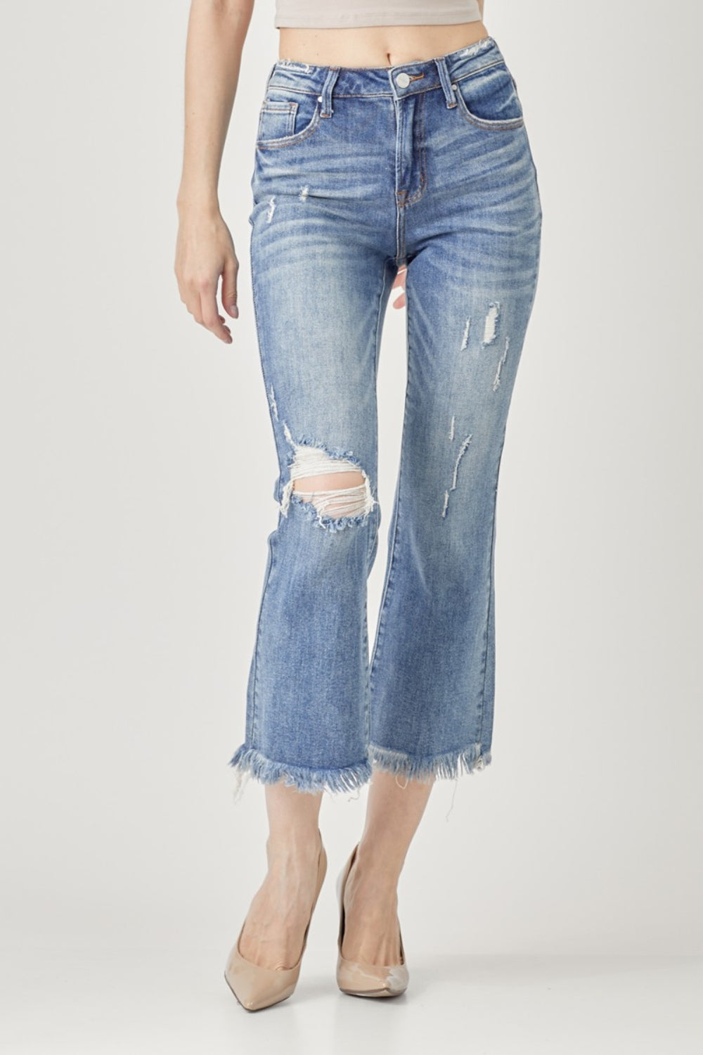 RISEN High Waist Distressed Cropped Bootcut Jeans - FASHIONNOUVELLE