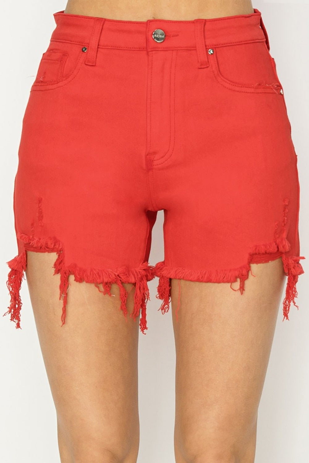 RISEN High Rise Distressed Denim Shorts - FASHIONNOUVELLE