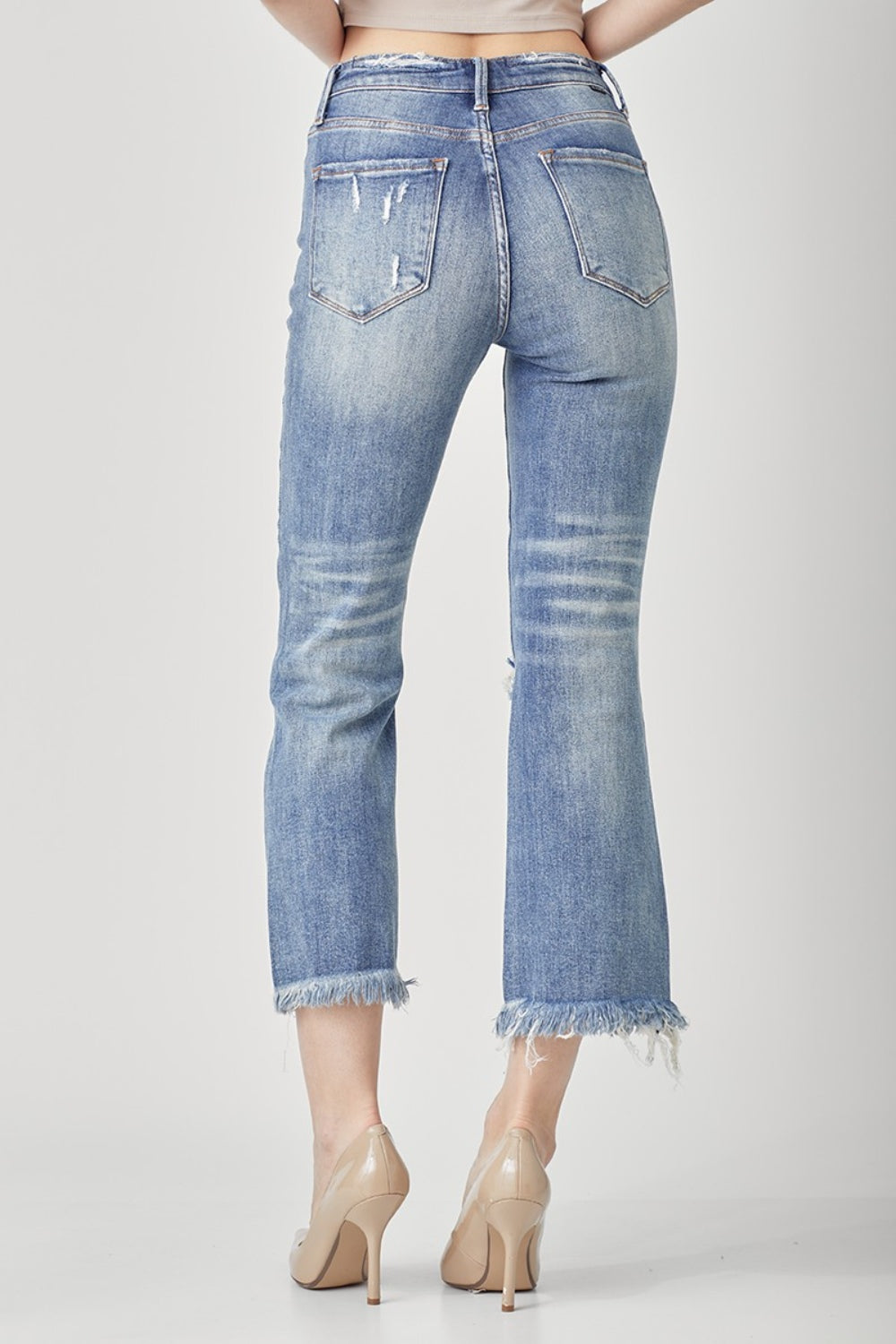 RISEN High Waist Distressed Cropped Bootcut Jeans - FASHIONNOUVELLE