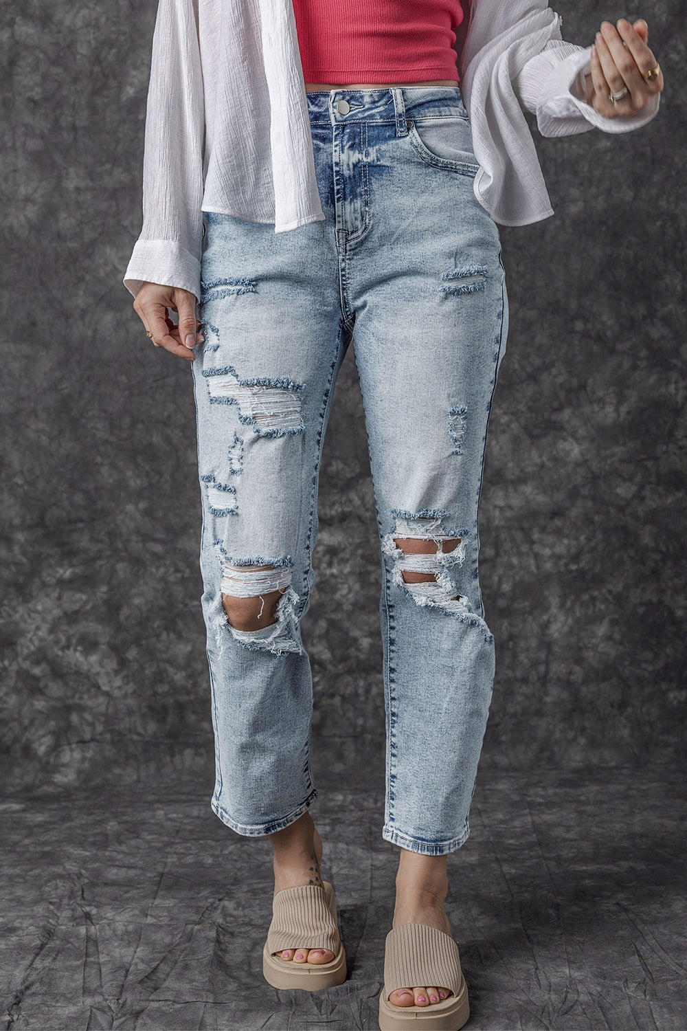 Distressed High Waist Jeans - FASHIONNOUVELLE