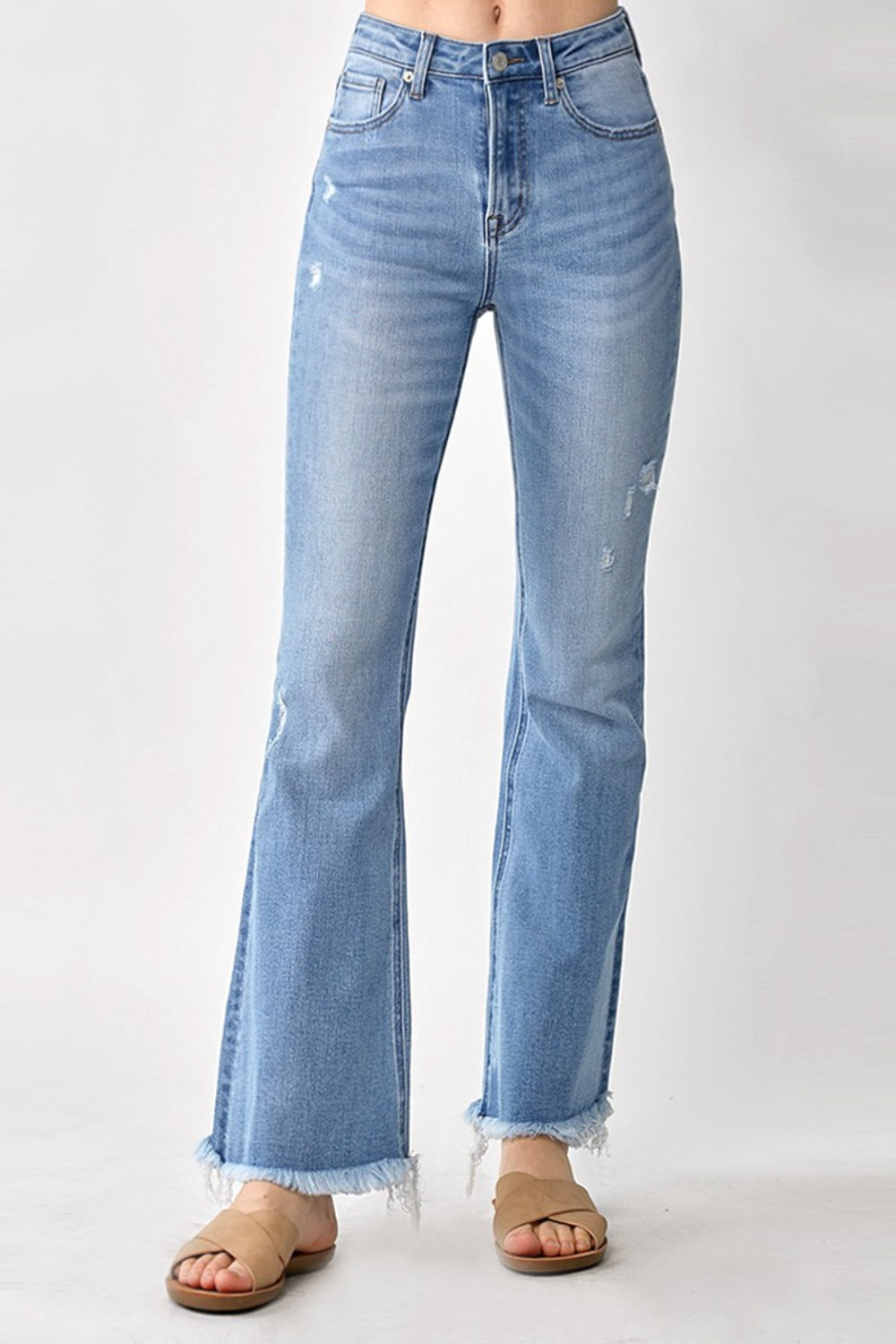 RISEN High Rise Frayed Hem Bootcut Jeans - FASHIONNOUVELLE