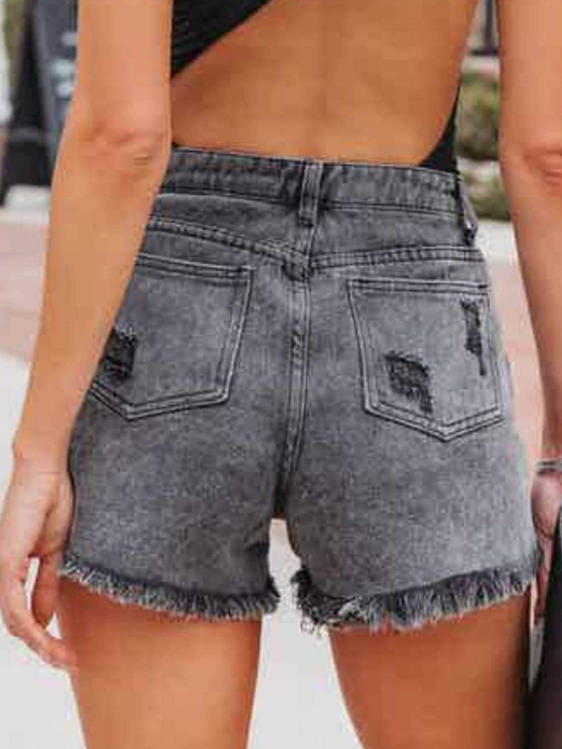 Distressed Fringe Denim Shorts with Pockets - FASHIONNOUVELLE