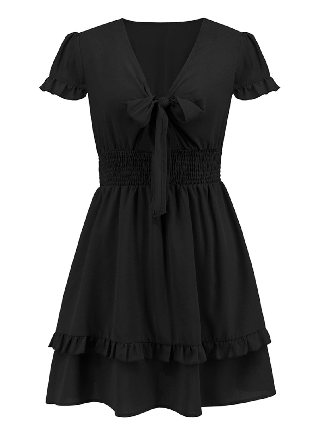 Tied V-Neck Tiered Mini Dress - FASHIONNOUVELLE