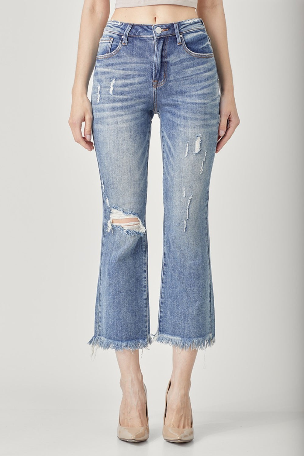 RISEN High Waist Distressed Cropped Bootcut Jeans - FASHIONNOUVELLE