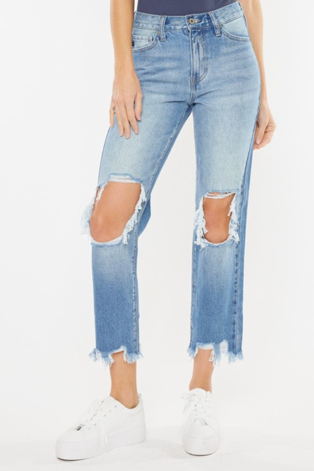 Kancan High Waist Chewed Up Straight Mom Jeans - FASHIONNOUVELLE