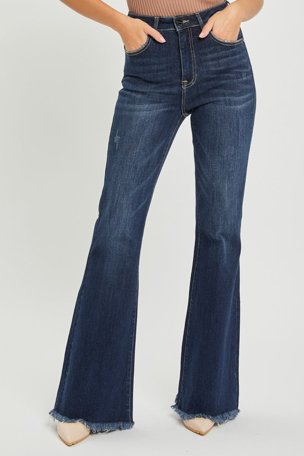 RISEN High Waist Raw Hem Flare Jeans - FASHIONNOUVELLE