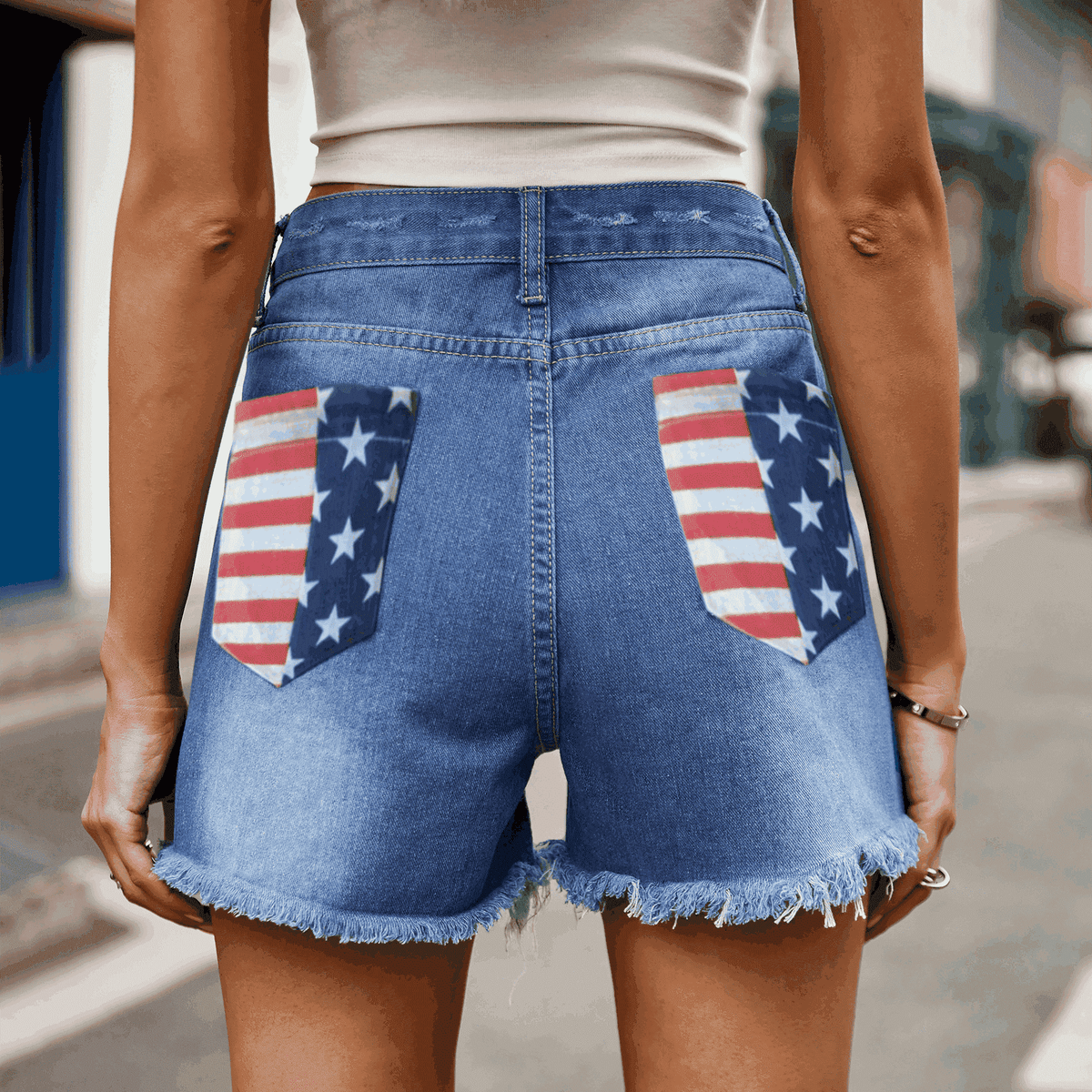 US Flag Distressed Denim Shorts - FASHIONNOUVELLE